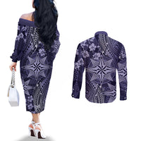 Vintage Tonga Tribal Ngatu Pattern Couples Matching Off The Shoulder Long Sleeve Dress and Long Sleeve Button Shirt With Pacific Floral Pink Art LT9 - Polynesian Pride