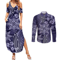 Vintage Tonga Tribal Ngatu Pattern Couples Matching Summer Maxi Dress and Long Sleeve Button Shirt With Pacific Floral Pink Art LT9 Pink - Polynesian Pride