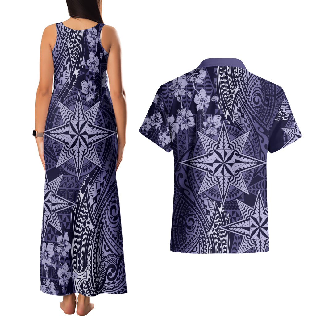Vintage Tonga Tribal Ngatu Pattern Couples Matching Tank Maxi Dress and Hawaiian Shirt With Pacific Floral Pink Art LT9 - Polynesian Pride