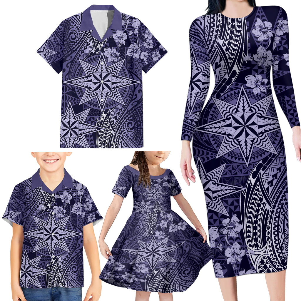 Vintage Tonga Tribal Ngatu Pattern Family Matching Long Sleeve Bodycon Dress and Hawaiian Shirt With Pacific Floral Pink Art LT9 - Polynesian Pride
