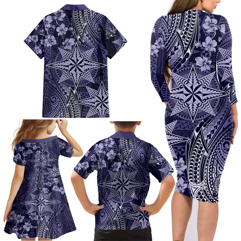 Vintage Tonga Tribal Ngatu Pattern Family Matching Long Sleeve Bodycon Dress and Hawaiian Shirt With Pacific Floral Pink Art LT9 - Polynesian Pride