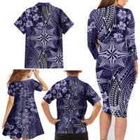 Vintage Tonga Tribal Ngatu Pattern Family Matching Long Sleeve Bodycon Dress and Hawaiian Shirt With Pacific Floral Pink Art LT9 - Polynesian Pride