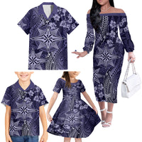 Vintage Tonga Tribal Ngatu Pattern Family Matching Off The Shoulder Long Sleeve Dress and Hawaiian Shirt With Pacific Floral Pink Art LT9 - Polynesian Pride