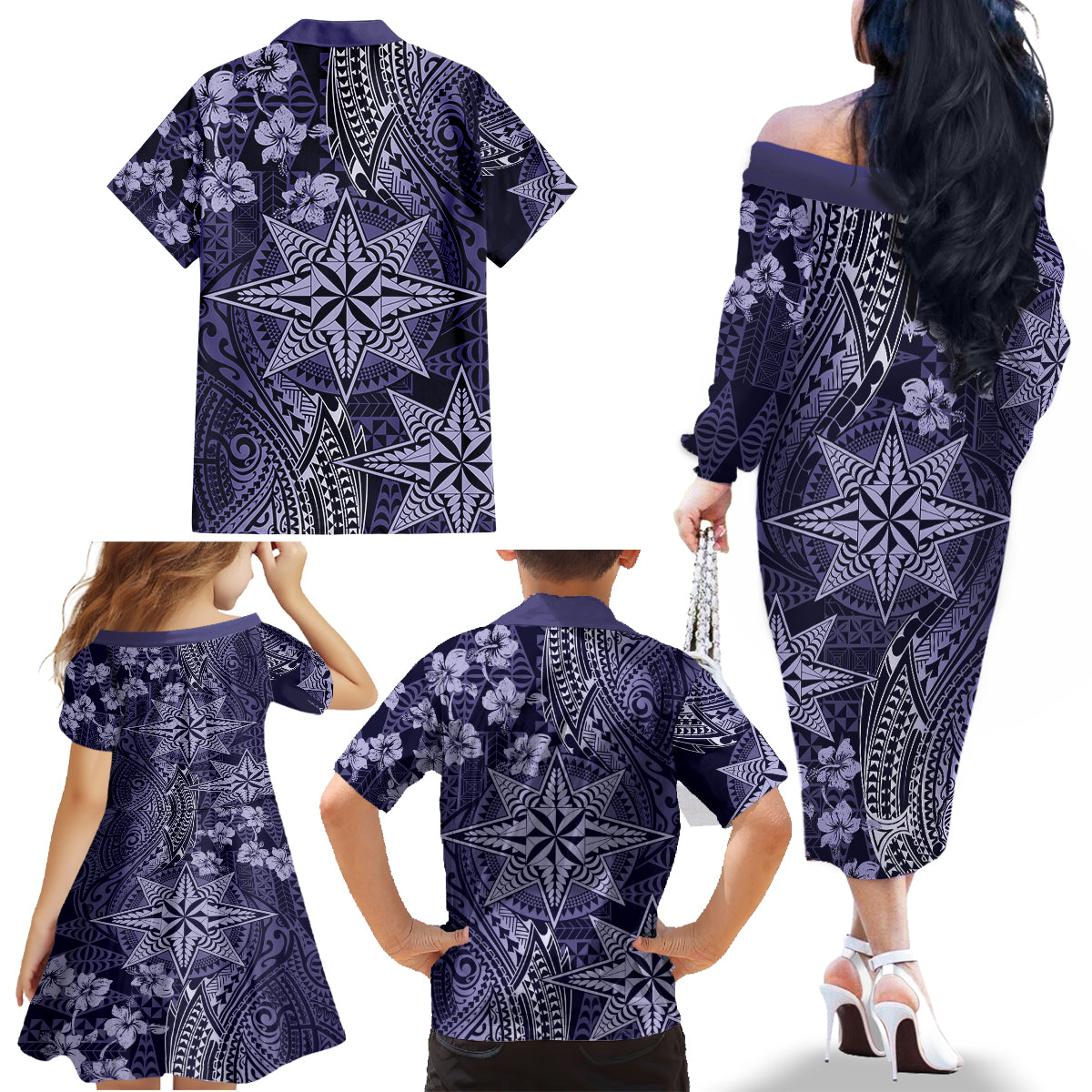 Vintage Tonga Tribal Ngatu Pattern Family Matching Off The Shoulder Long Sleeve Dress and Hawaiian Shirt With Pacific Floral Pink Art LT9 - Polynesian Pride