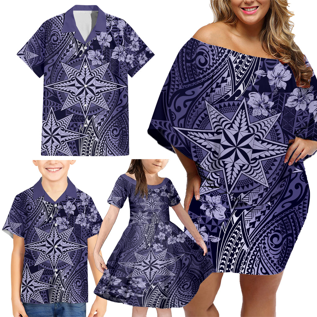 Vintage Tonga Tribal Ngatu Pattern Family Matching Off Shoulder Short Dress and Hawaiian Shirt With Pacific Floral Pink Art LT9 - Polynesian Pride