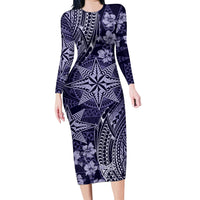 Vintage Tonga Tribal Ngatu Pattern Long Sleeve Bodycon Dress With Pacific Floral Pink Art