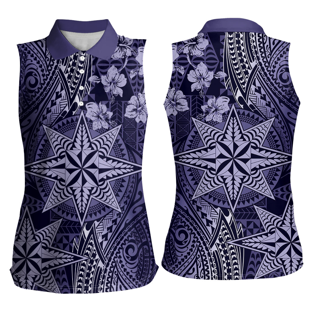 Vintage Tonga Tribal Ngatu Pattern Women Sleeveless Polo Shirt With Pacific Floral Pink Art LT9 - Polynesian Pride