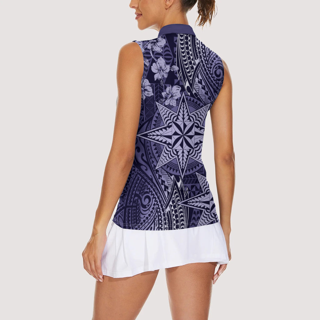 Vintage Tonga Tribal Ngatu Pattern Women Sleeveless Polo Shirt With Pacific Floral Pink Art LT9 - Polynesian Pride