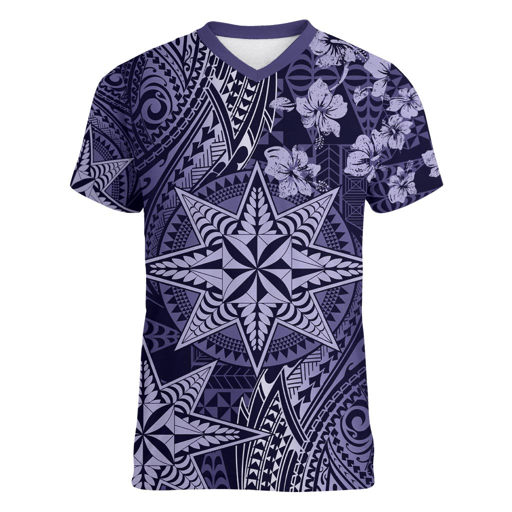Vintage Tonga Tribal Ngatu Pattern Women V-Neck T-Shirt With Pacific Floral Pink Art LT9 Female Pink - Polynesian Pride