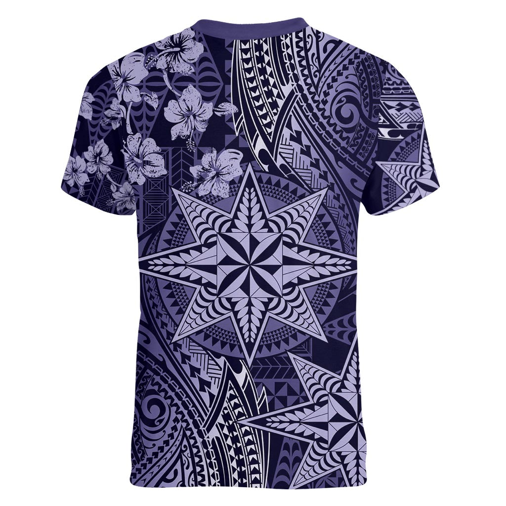 Vintage Tonga Tribal Ngatu Pattern Women V-Neck T-Shirt With Pacific Floral Pink Art LT9 - Polynesian Pride