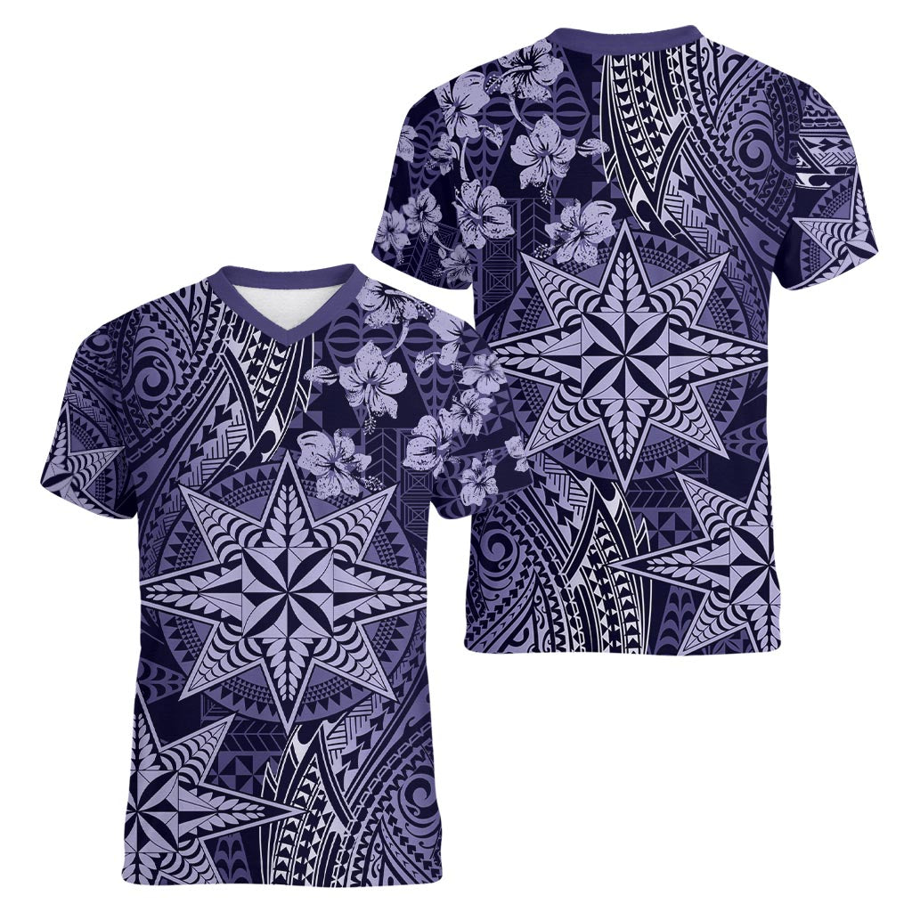 Vintage Tonga Tribal Ngatu Pattern Women V-Neck T-Shirt With Pacific Floral Pink Art LT9 - Polynesian Pride
