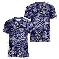 Vintage Tonga Tribal Ngatu Pattern Women V-Neck T-Shirt With Pacific Floral Pink Art LT9 - Polynesian Pride