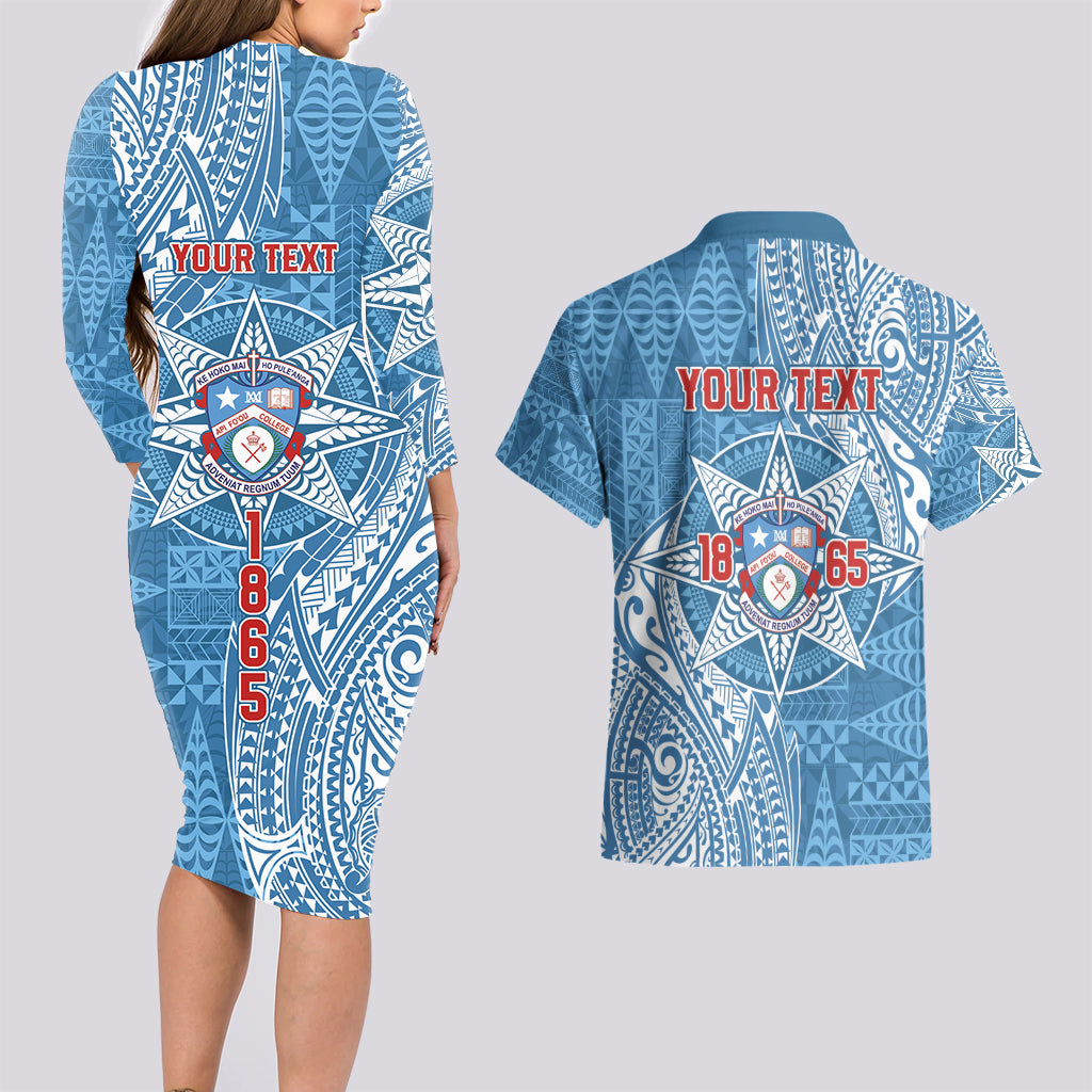 Personalised Tonga Apifo'ou College Couples Matching Long Sleeve Bodycon Dress and Hawaiian Shirt Since 1865 Special Kupesi Pattern LT9 - Polynesian Pride