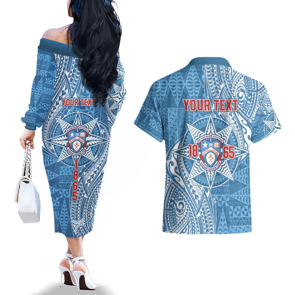 Personalised Tonga Apifo'ou College Couples Matching Off The Shoulder Long Sleeve Dress and Hawaiian Shirt Since 1865 Special Kupesi Pattern LT9 - Polynesian Pride