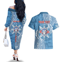 Personalised Tonga Apifo'ou College Couples Matching Off The Shoulder Long Sleeve Dress and Hawaiian Shirt Since 1865 Special Kupesi Pattern LT9 - Polynesian Pride