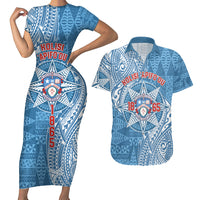 Personalised Tonga Apifo'ou College Couples Matching Short Sleeve Bodycon Dress and Hawaiian Shirt Since 1865 Special Kupesi Pattern LT9 Blue - Polynesian Pride