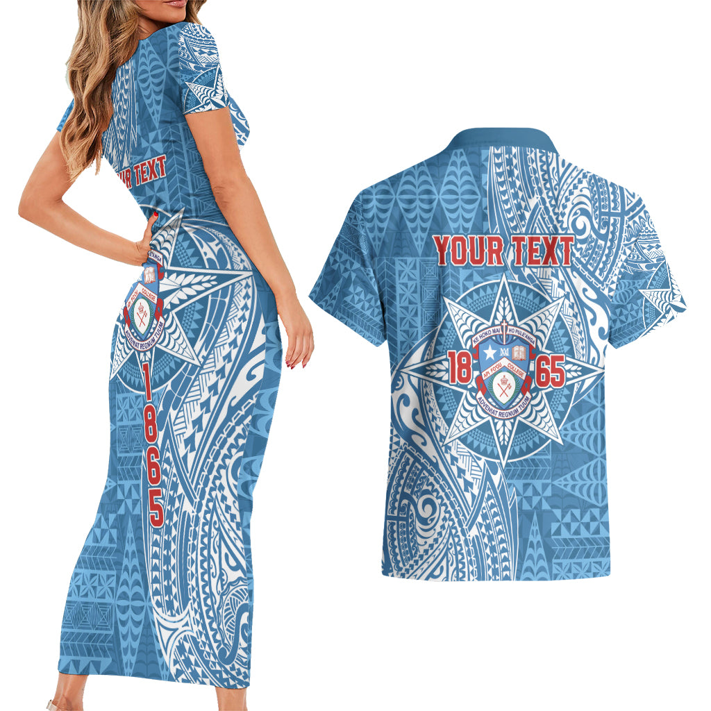 Personalised Tonga Apifo'ou College Couples Matching Short Sleeve Bodycon Dress and Hawaiian Shirt Since 1865 Special Kupesi Pattern LT9 - Polynesian Pride