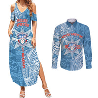 Personalised Tonga Apifo'ou College Couples Matching Summer Maxi Dress and Long Sleeve Button Shirt Since 1865 Special Kupesi Pattern LT9 Blue - Polynesian Pride