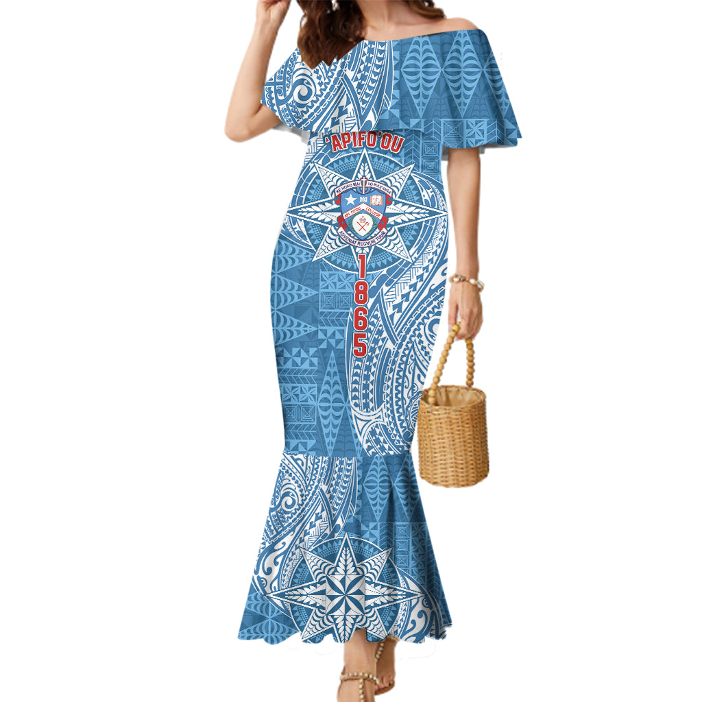 Personalised Tonga Apifo'ou College Family Matching Mermaid Dress and Hawaiian Shirt Since 1865 Special Kupesi Pattern LT9 Mom's Dress Blue - Polynesian Pride