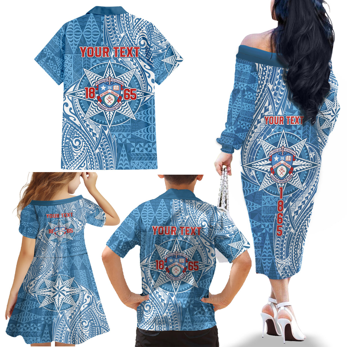 Personalised Tonga Apifo'ou College Family Matching Off The Shoulder Long Sleeve Dress and Hawaiian Shirt Since 1865 Special Kupesi Pattern LT9 - Polynesian Pride