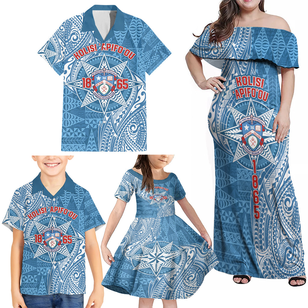 Personalised Tonga Apifo'ou College Family Matching Off Shoulder Maxi Dress and Hawaiian Shirt Since 1865 Special Kupesi Pattern LT9 - Polynesian Pride