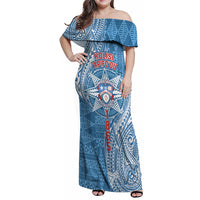 Personalised Tonga Apifo'ou College Family Matching Off Shoulder Maxi Dress and Hawaiian Shirt Since 1865 Special Kupesi Pattern LT9 Mom's Dress Blue - Polynesian Pride