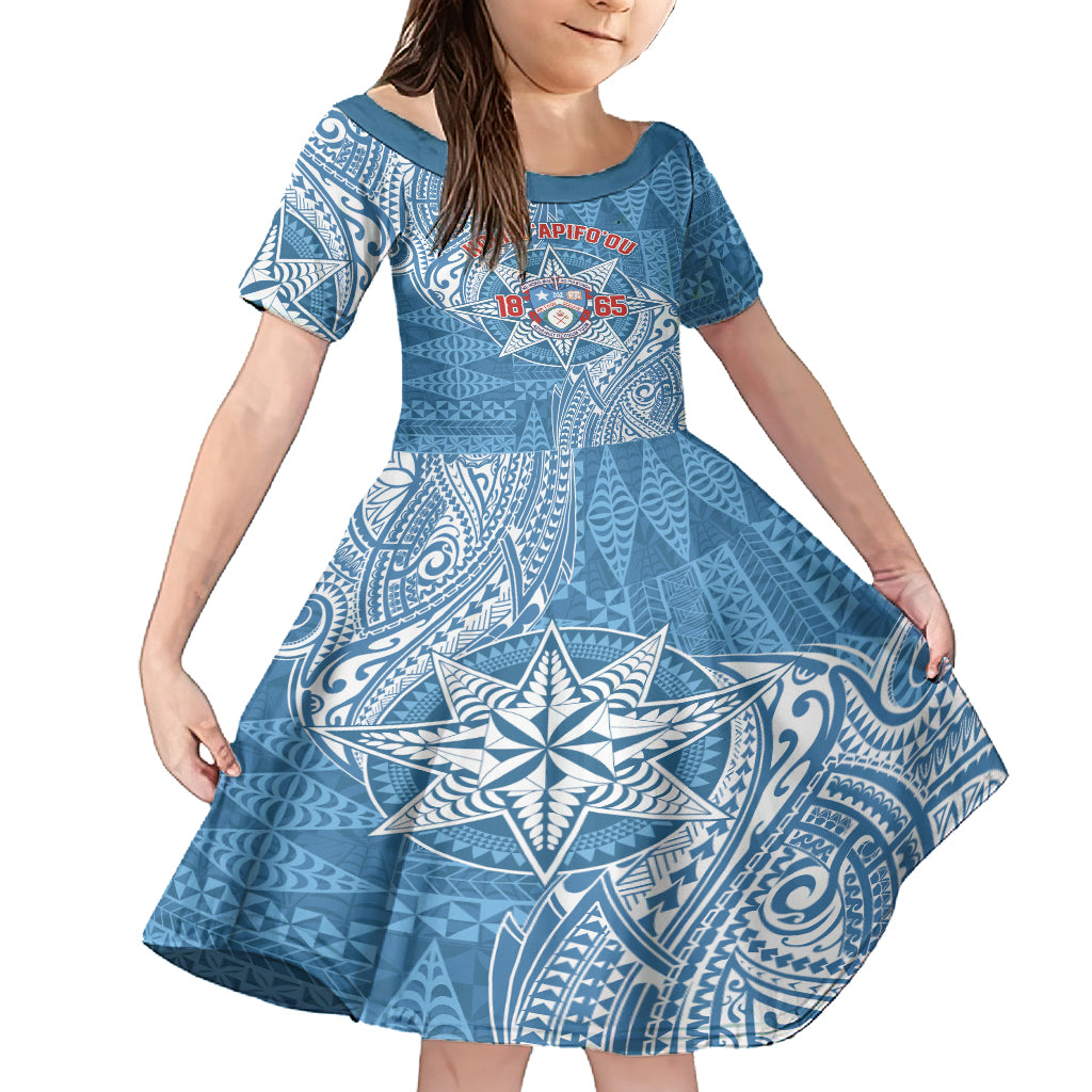Personalised Tonga Apifo'ou College Family Matching Off Shoulder Short Dress and Hawaiian Shirt Since 1865 Special Kupesi Pattern LT9 Daughter's Dress Blue - Polynesian Pride