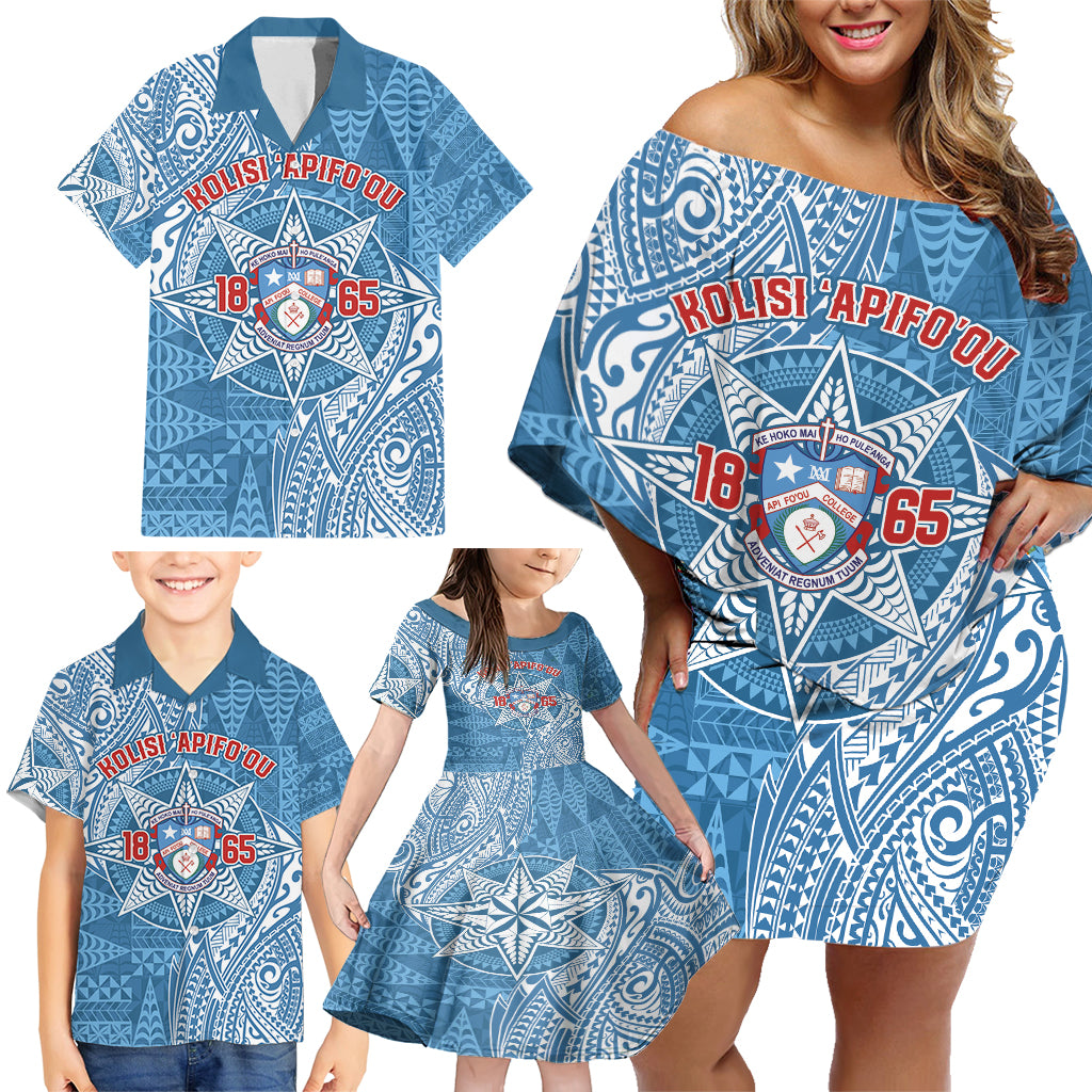 Personalised Tonga Apifo'ou College Family Matching Off Shoulder Short Dress and Hawaiian Shirt Since 1865 Special Kupesi Pattern LT9 - Polynesian Pride