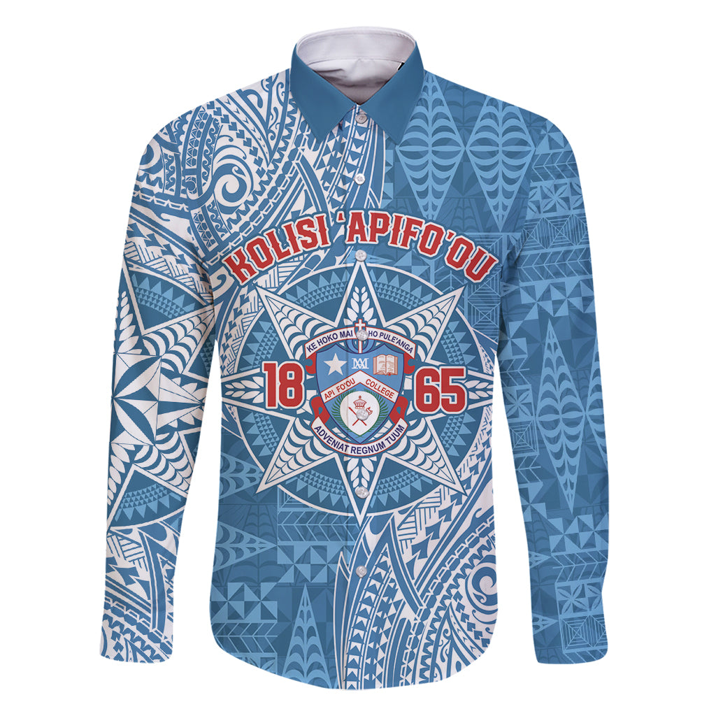 Personalised Tonga Apifo'ou College Family Matching Off Shoulder Short Dress and Hawaiian Shirt Since 1865 Special Kupesi Pattern LT9 Dad's Shirt - Long Sleeve Blue - Polynesian Pride