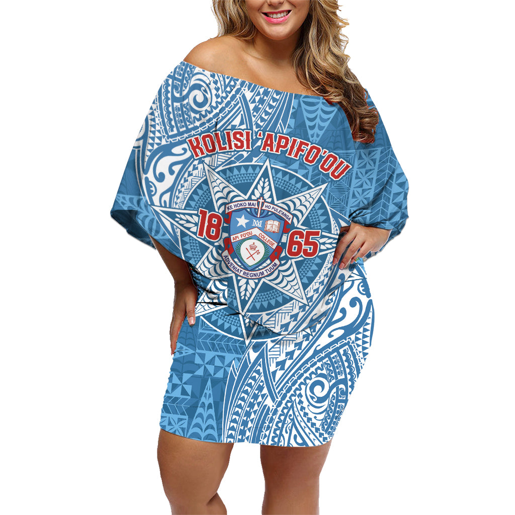 Personalised Tonga Apifo'ou College Family Matching Off Shoulder Short Dress and Hawaiian Shirt Since 1865 Special Kupesi Pattern LT9 Mom's Dress Blue - Polynesian Pride