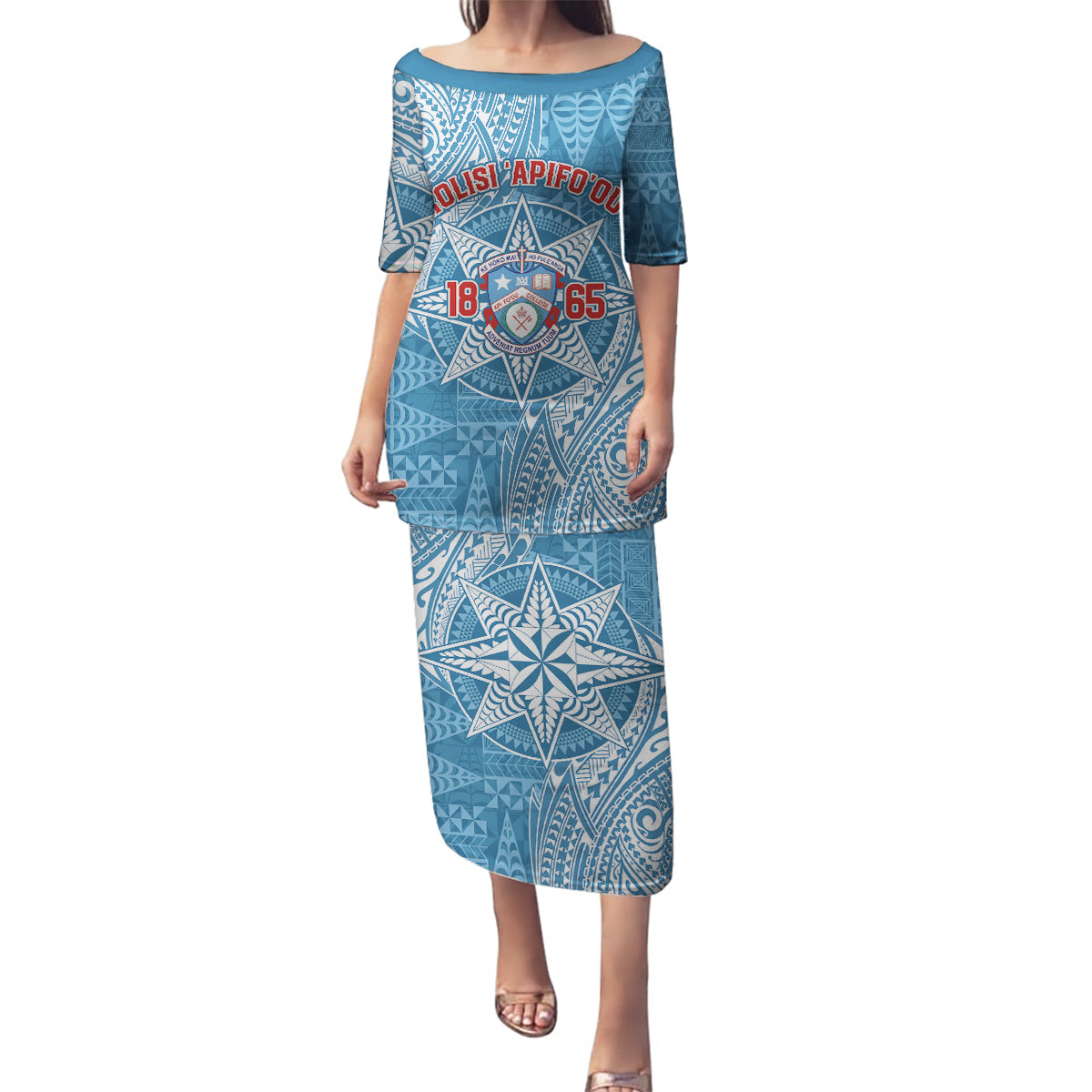 Personalised Tonga Apifo'ou College Family Matching Puletasi and Hawaiian Shirt Since 1865 Special Kupesi Pattern LT9 Mom's Dress Blue - Polynesian Pride