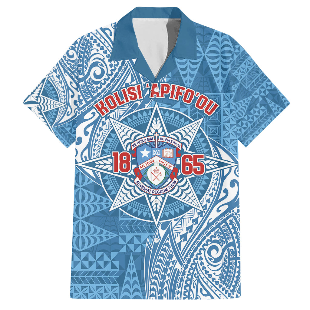 Personalised Tonga Apifo'ou College Family Matching Short Sleeve Bodycon Dress and Hawaiian Shirt Since 1865 Special Kupesi Pattern LT9 Dad's Shirt - Short Sleeve Blue - Polynesian Pride