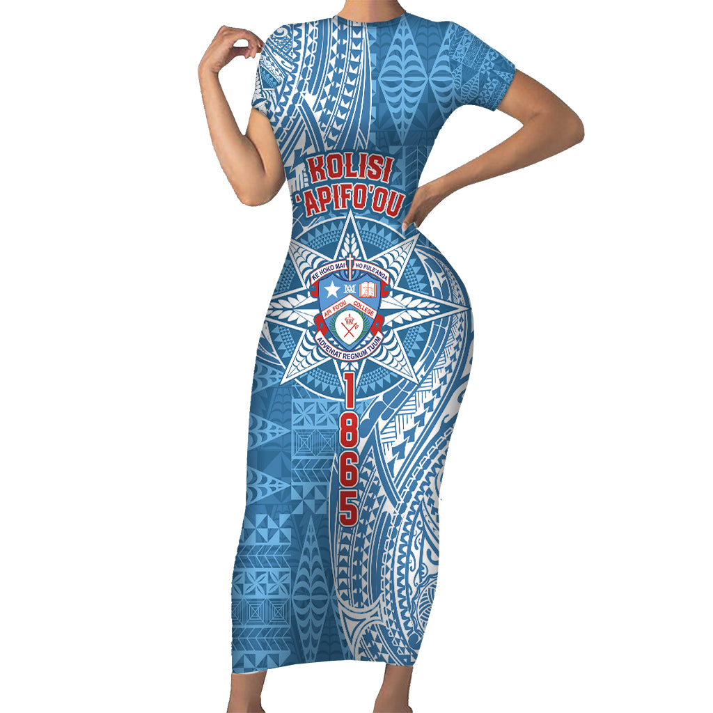 Personalised Tonga Apifo'ou College Family Matching Short Sleeve Bodycon Dress and Hawaiian Shirt Since 1865 Special Kupesi Pattern LT9 Mom's Dress Blue - Polynesian Pride