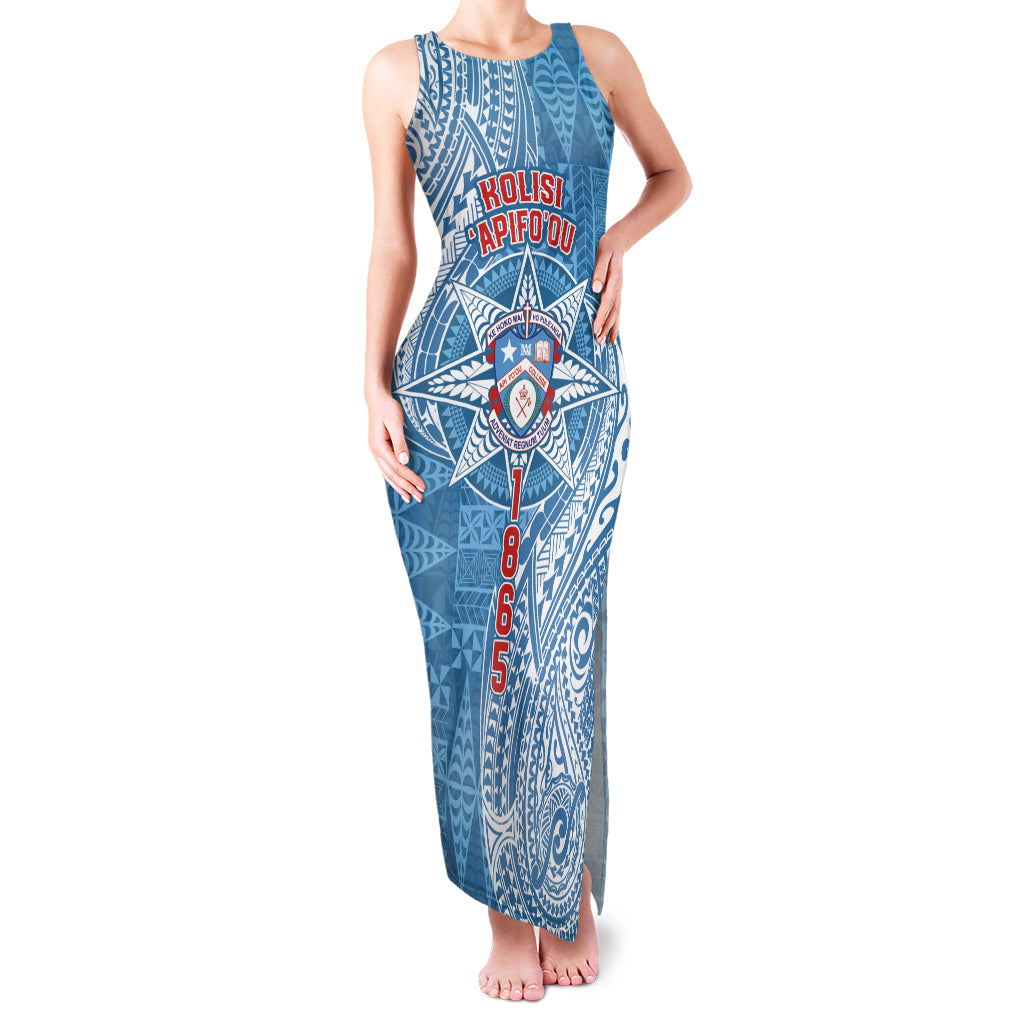 Personalised Tonga Apifo'ou College Family Matching Tank Maxi Dress and Hawaiian Shirt Since 1865 Special Kupesi Pattern LT9 Mom's Dress Blue - Polynesian Pride