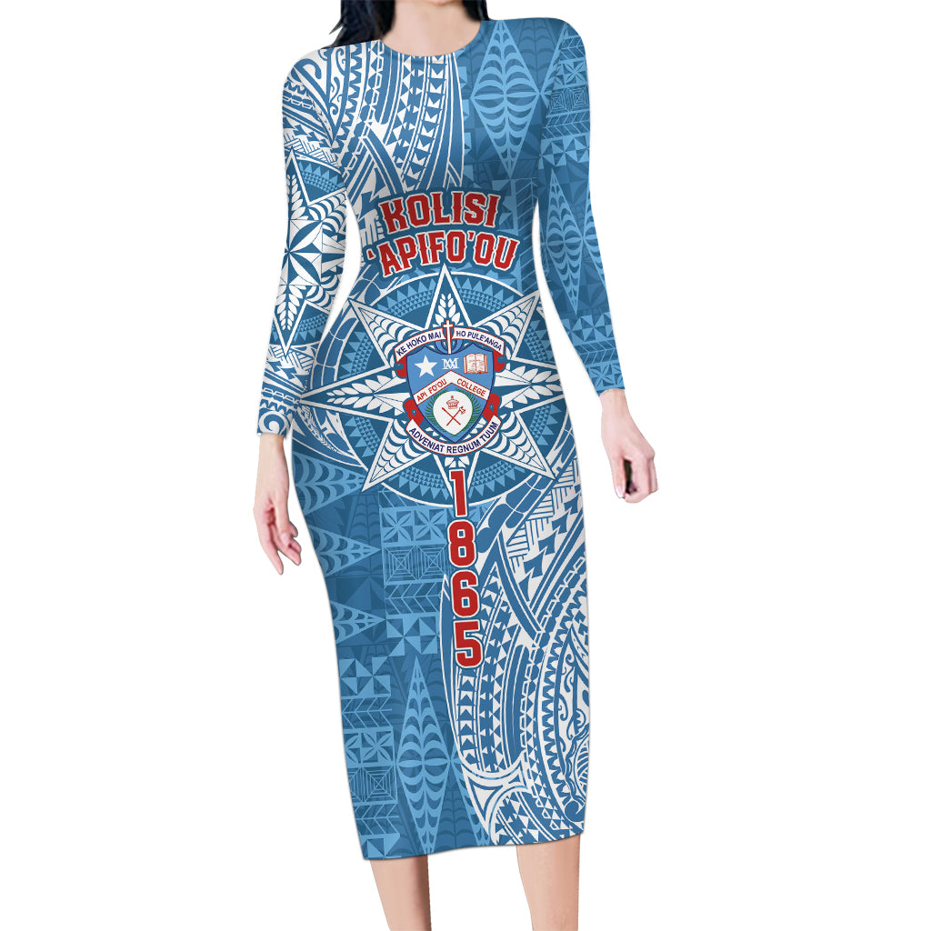 Personalised Tonga Apifo'ou College Long Sleeve Bodycon Dress Since 1865 Special Kupesi Pattern LT9 Long Dress Blue - Polynesian Pride