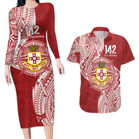 Personalised Kolisi Tonga Atele 142nd Anniversary Couples Matching Long Sleeve Bodycon Dress and Hawaiian Shirt Special Kupesi Pattern LT9 White - Polynesian Pride