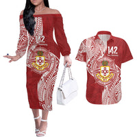 Personalised Kolisi Tonga Atele 142nd Anniversary Couples Matching Off The Shoulder Long Sleeve Dress and Hawaiian Shirt Special Kupesi Pattern LT9 White - Polynesian Pride