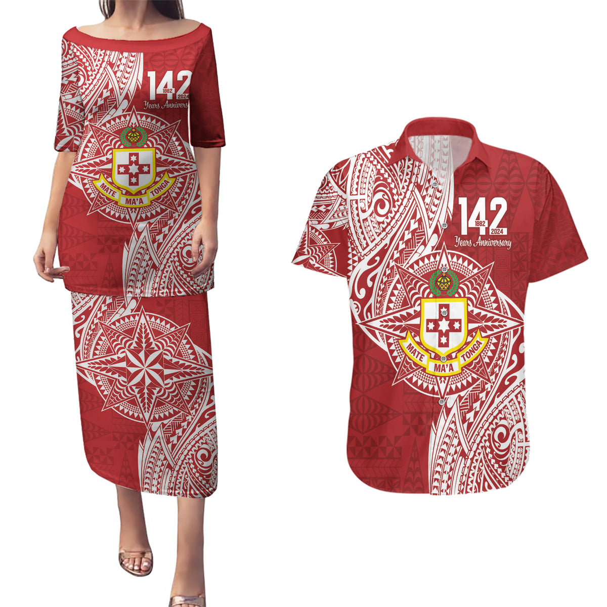Personalised Kolisi Tonga Atele 142nd Anniversary Couples Matching Puletasi and Hawaiian Shirt Special Kupesi Pattern LT9 White - Polynesian Pride