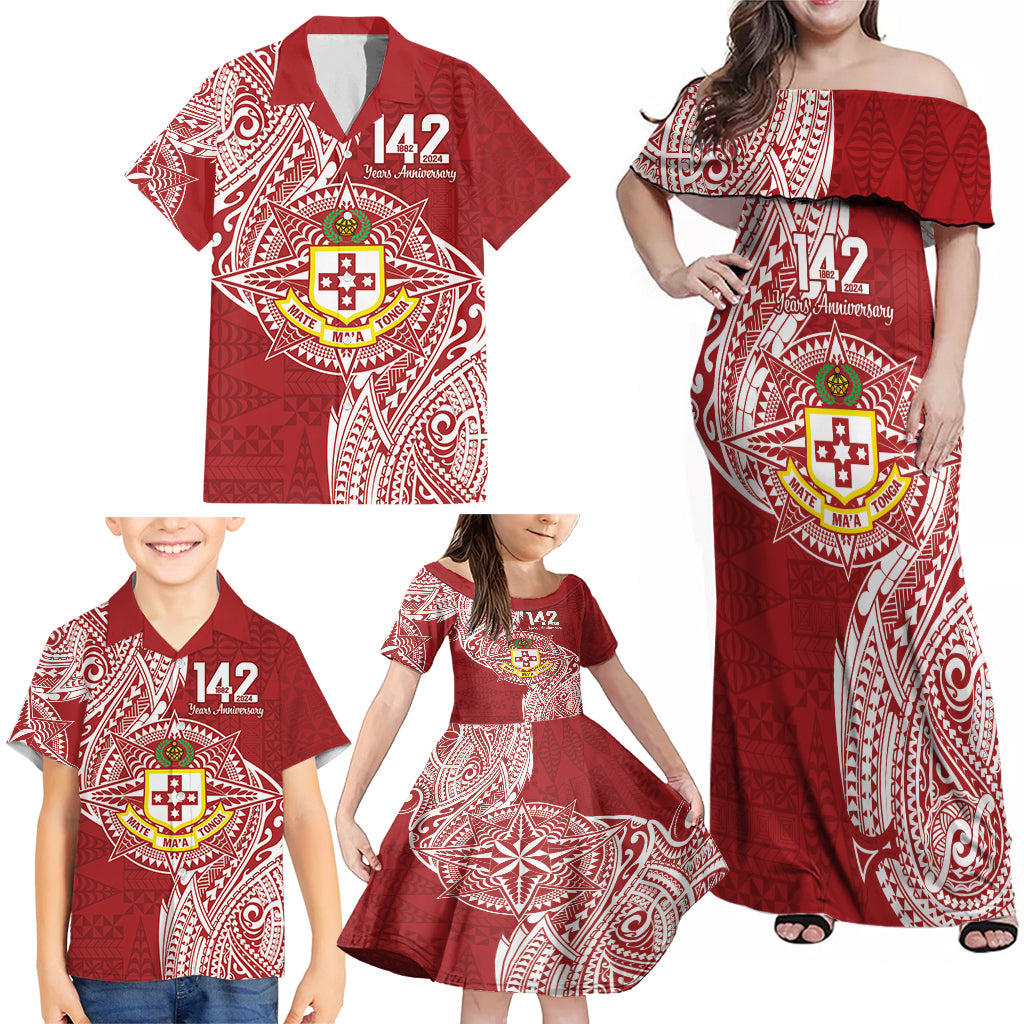 Personalised Kolisi Tonga Atele 142nd Anniversary Family Matching Off Shoulder Maxi Dress and Hawaiian Shirt Special Kupesi Pattern LT9 - Polynesian Pride