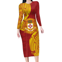 Personalised Kolisi Tonga Atele Family Matching Long Sleeve Bodycon Dress and Hawaiian Shirt Since 1882 Simple Ngatu Pattern LT9 Mom's Dress Gold - Polynesian Pride