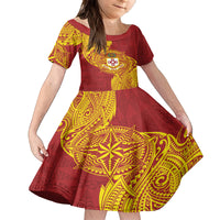 Personalised Kolisi Tonga Atele Family Matching Off The Shoulder Long Sleeve Dress and Hawaiian Shirt Since 1882 Simple Ngatu Pattern LT9 Daughter's Dress Gold - Polynesian Pride
