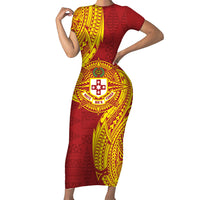 Personalised Kolisi Tonga Atele Family Matching Short Sleeve Bodycon Dress and Hawaiian Shirt Since 1882 Simple Ngatu Pattern LT9 Mom's Dress Gold - Polynesian Pride