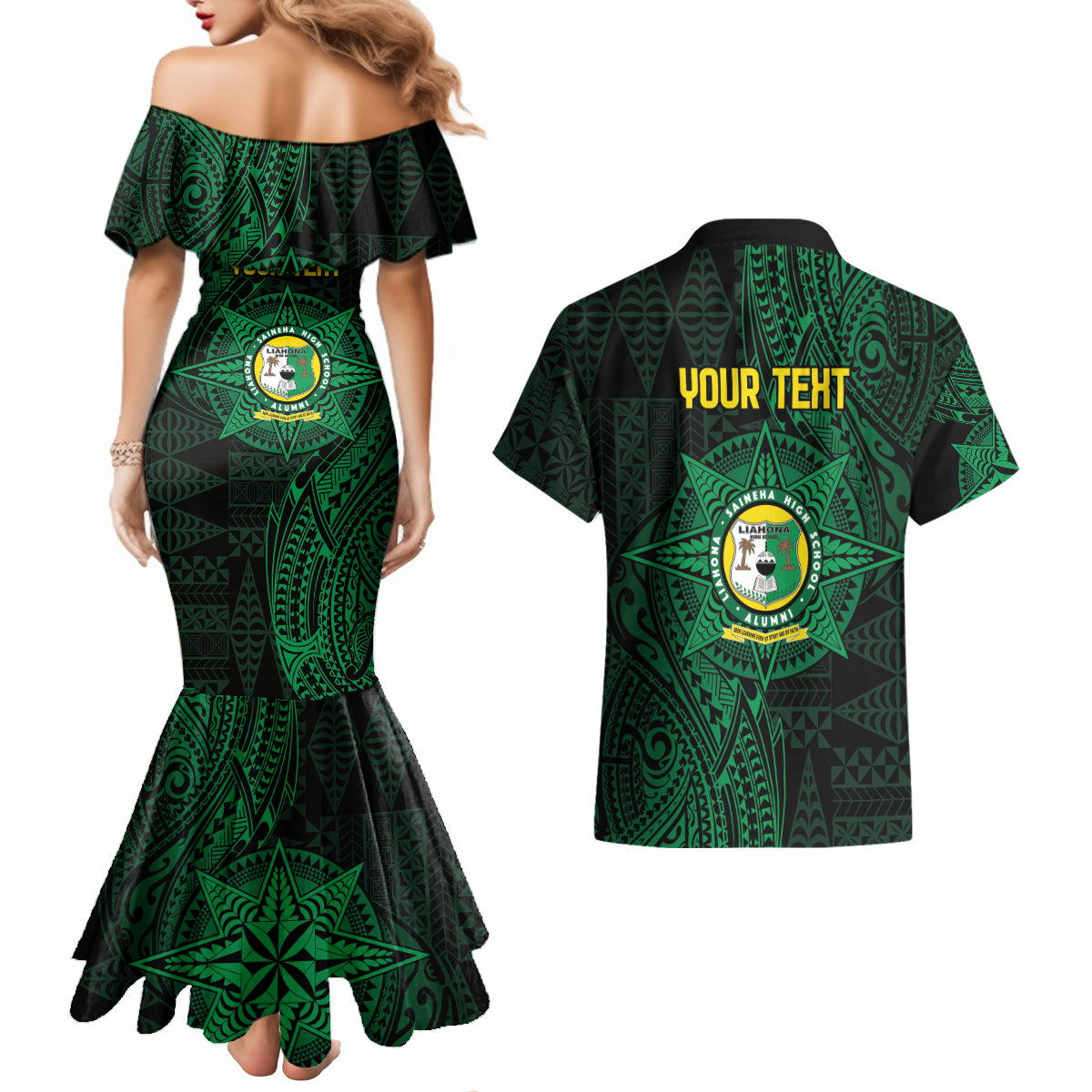Personalised Tonga Liahona High School 76th Anniversary Couples Matching Mermaid Dress and Hawaiian Shirt Special Kupesi Pattern LT9 - Polynesian Pride