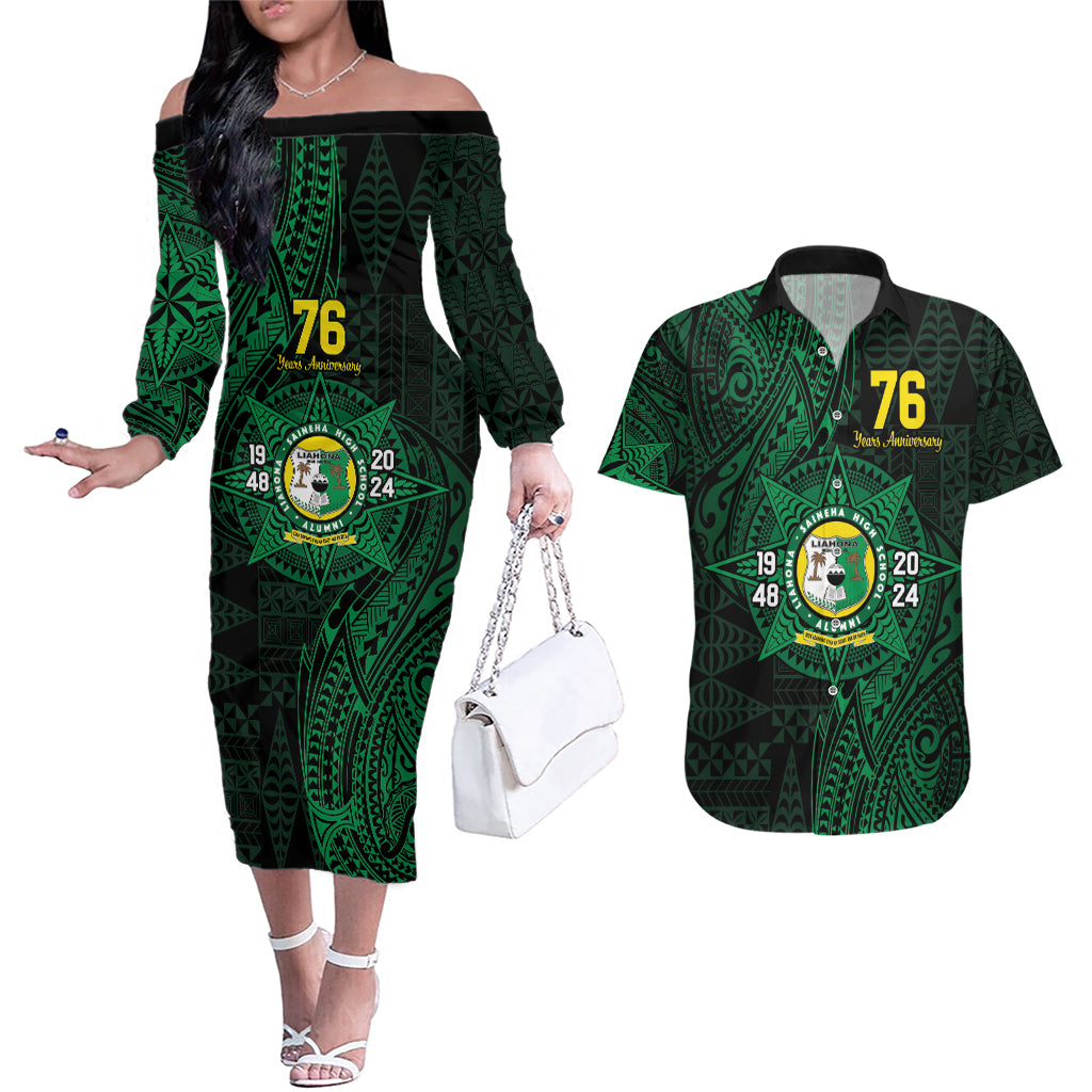 Personalised Tonga Liahona High School 76th Anniversary Couples Matching Off The Shoulder Long Sleeve Dress and Hawaiian Shirt Special Kupesi Pattern LT9 Green - Polynesian Pride