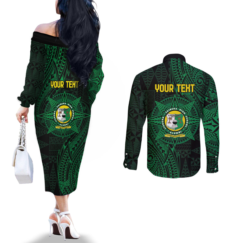 Personalised Tonga Liahona High School 76th Anniversary Couples Matching Off The Shoulder Long Sleeve Dress and Long Sleeve Button Shirt Special Kupesi Pattern LT9 - Polynesian Pride