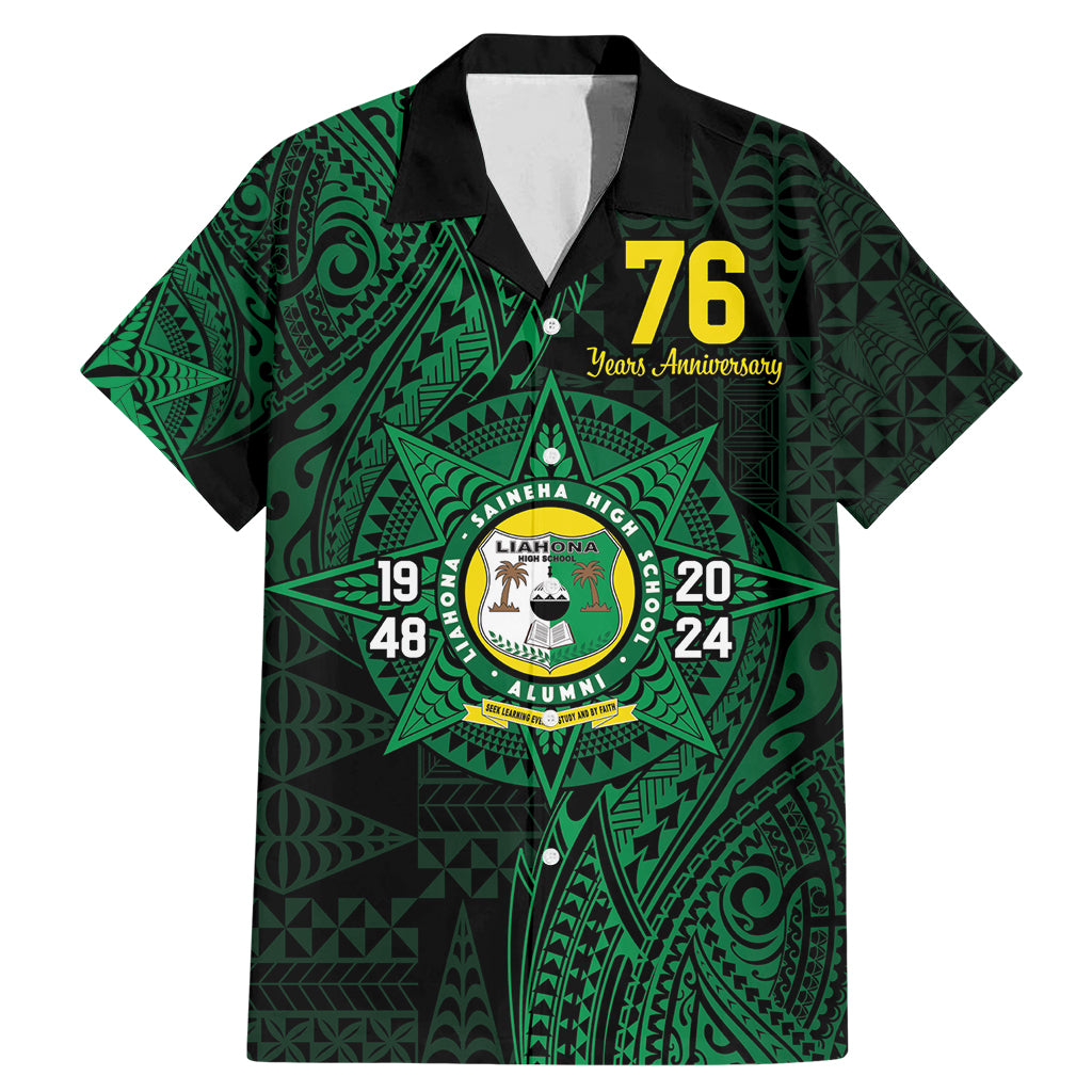 Personalised Tonga Liahona High School 76th Anniversary Family Matching Mermaid Dress and Hawaiian Shirt Special Kupesi Pattern LT9 Dad's Shirt - Short Sleeve Green - Polynesian Pride
