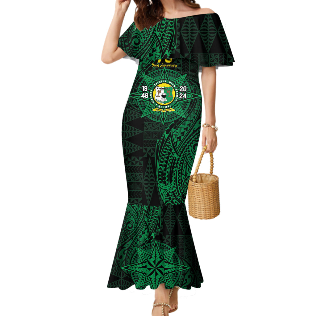 Personalised Tonga Liahona High School 76th Anniversary Family Matching Mermaid Dress and Hawaiian Shirt Special Kupesi Pattern LT9 Mom's Dress Green - Polynesian Pride
