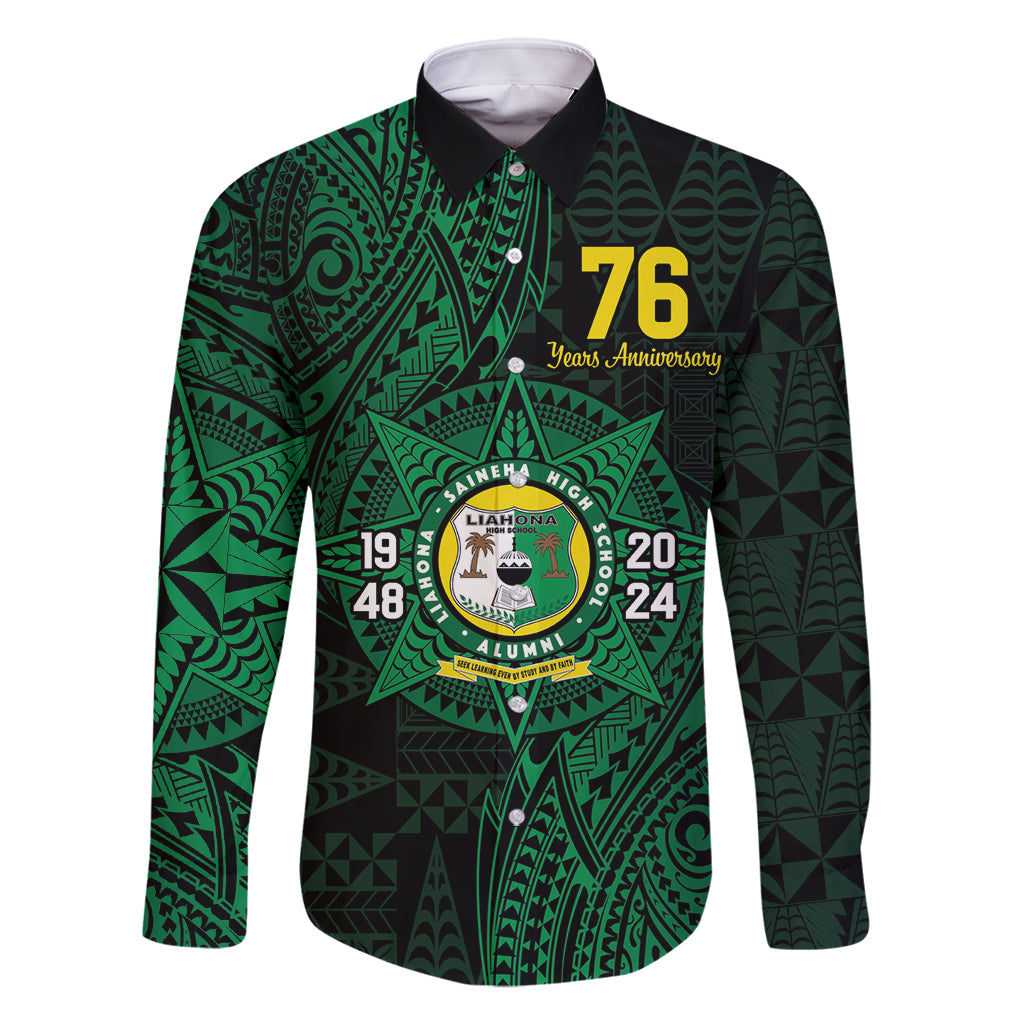Personalised Tonga Liahona High School 76th Anniversary Family Matching Off Shoulder Maxi Dress and Hawaiian Shirt Special Kupesi Pattern LT9 Dad's Shirt - Long Sleeve Green - Polynesian Pride
