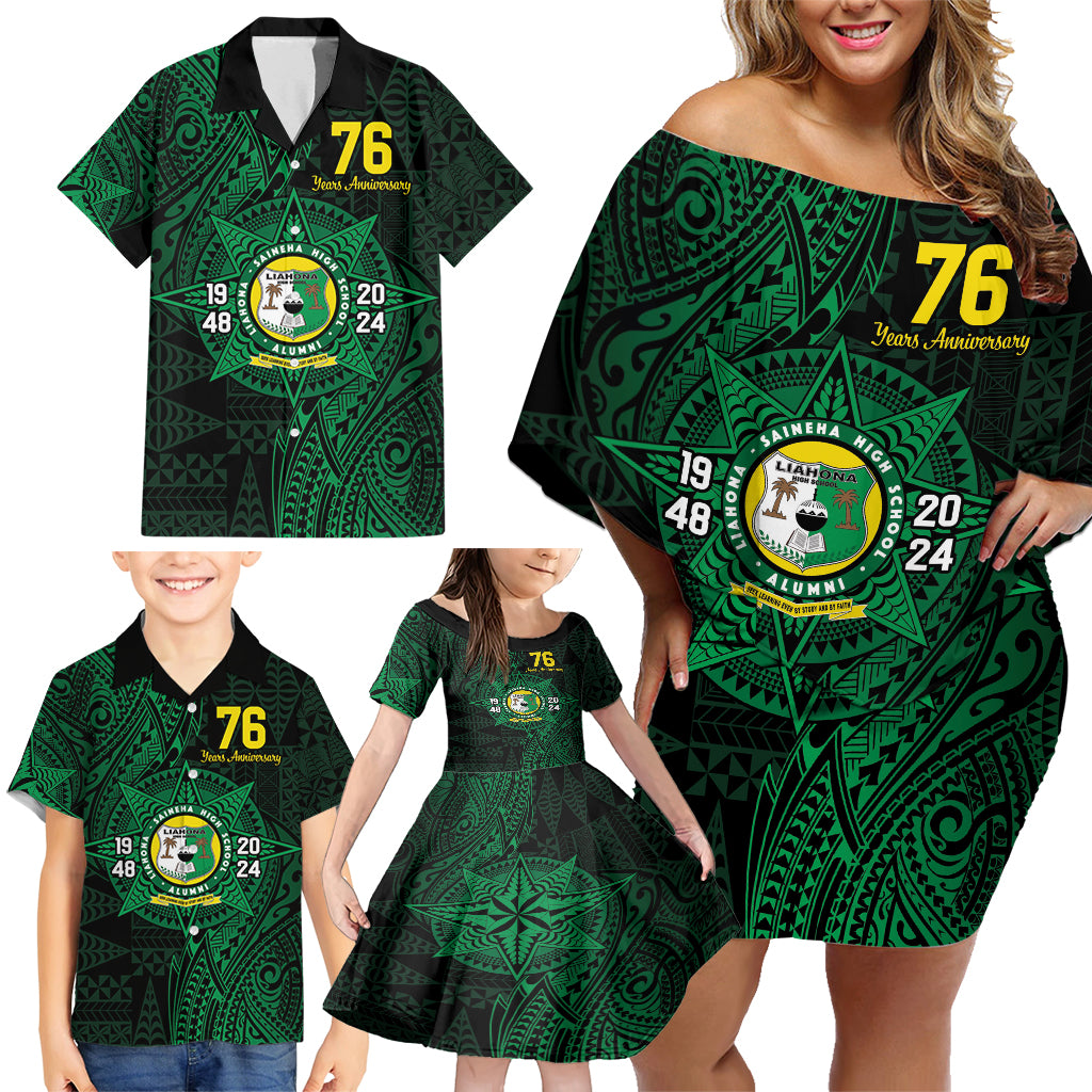 Personalised Tonga Liahona High School 76th Anniversary Family Matching Off Shoulder Short Dress and Hawaiian Shirt Special Kupesi Pattern LT9 - Polynesian Pride