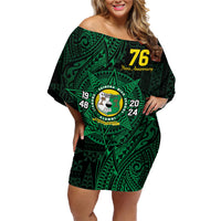 Personalised Tonga Liahona High School 76th Anniversary Family Matching Off Shoulder Short Dress and Hawaiian Shirt Special Kupesi Pattern LT9 Mom's Dress Green - Polynesian Pride